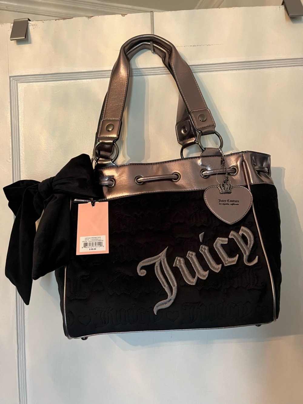 Juicy Couture Vintage Dream Tote Handbag with Silver Metallic Trim and Bow